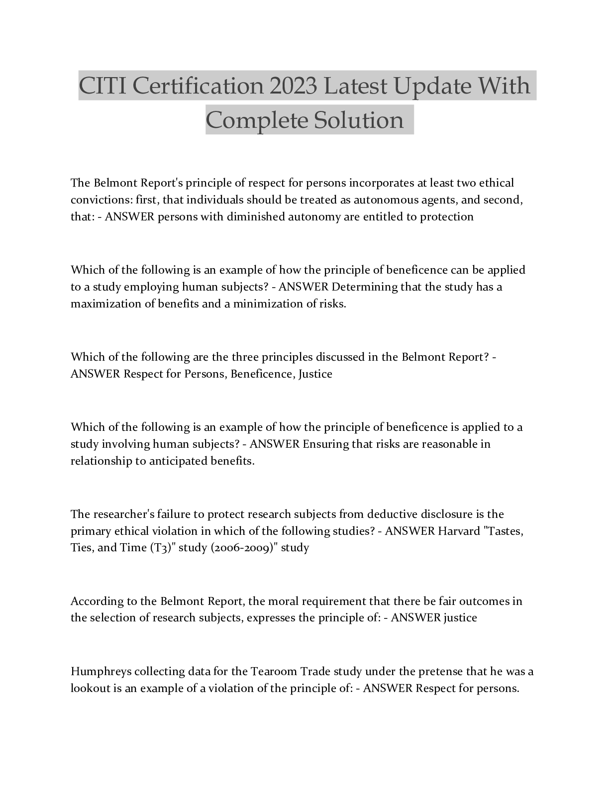 Preview image for CITI Certification 2023 Latest Update With Complete Solution